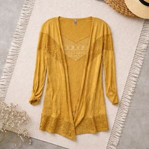 Vanity Mustard Yellow Lace Trim Open Front Cardigan Sweater Top Size Small S